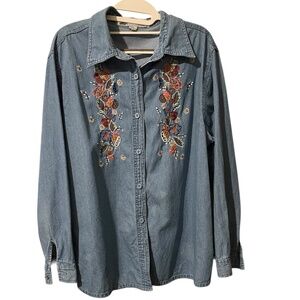 Vintage Passion-I Long Sleeve Embroidered Floral Denim Shirt XL